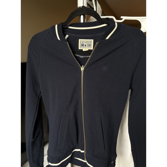 Converse Jackets & Blazers - VTG Converse One Star Navy Blue Zip Stretch Sweater Jacket Size XS Rare HTF WMN